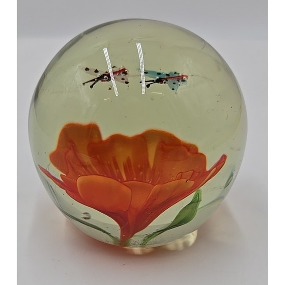 Vintage‎ Hand Blown Art Glass Paperweight Orange Flower & 2 Bumble Bees Bubbles - Picture 6 of 14